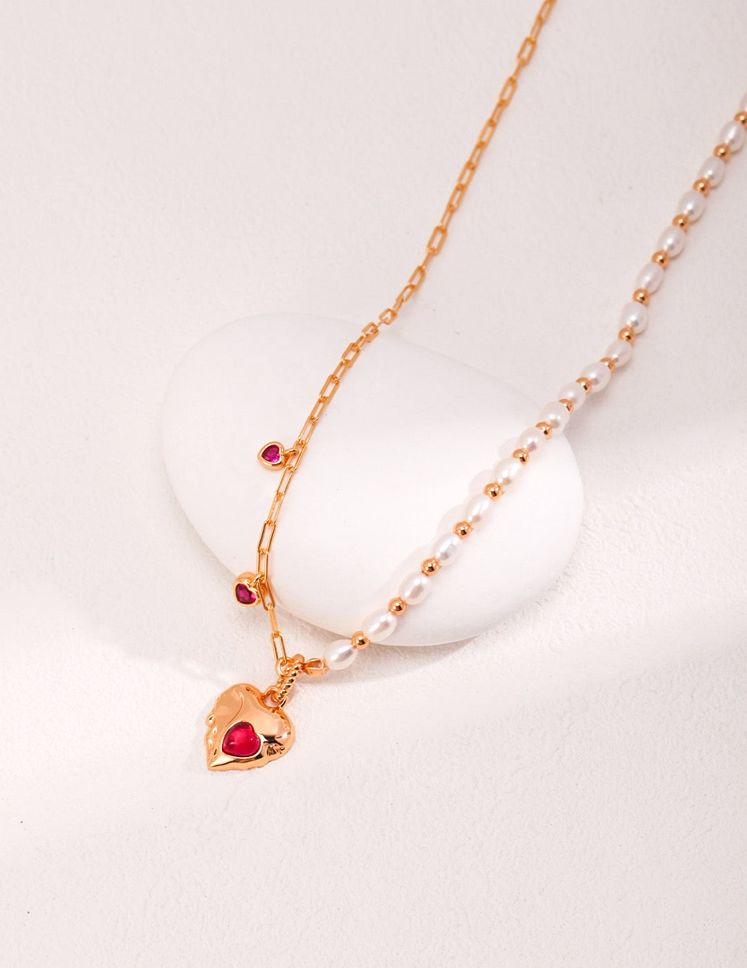 Natural Pearl & Red Agate Heart Necklace