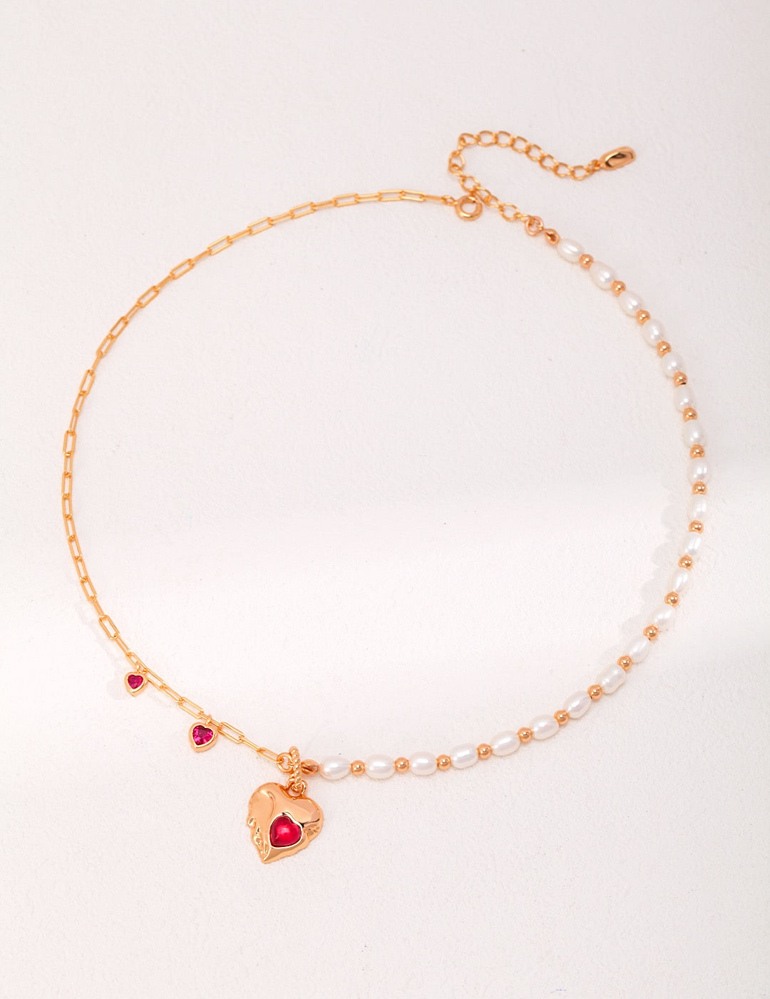 Natural Pearl & Red Agate Heart Necklace