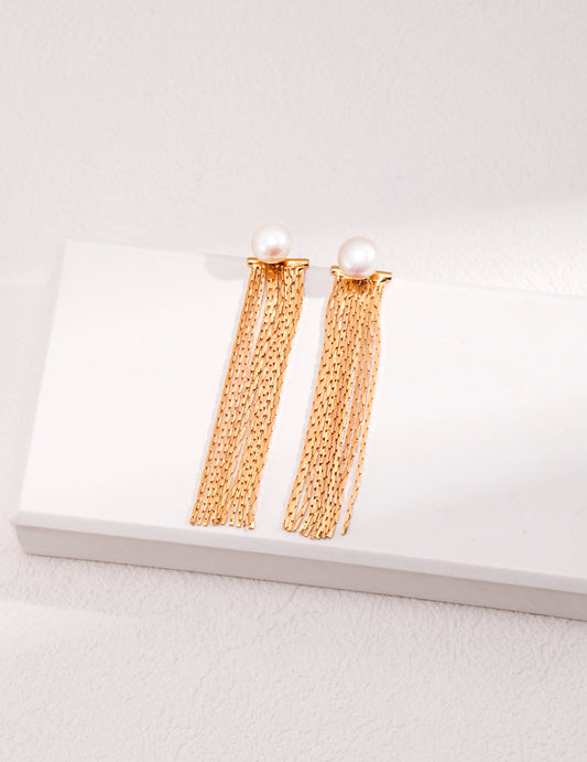 Sterling Silver Elegant Pearl Tassel Earrings